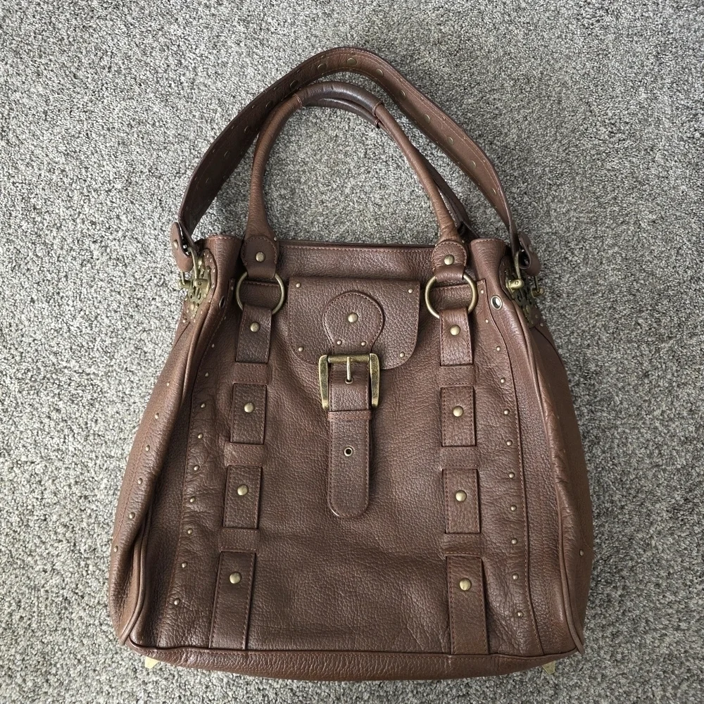 Betsey Johnson VTG Y2K Heavy Brown Leather Studded Tote Handbag Charms Large